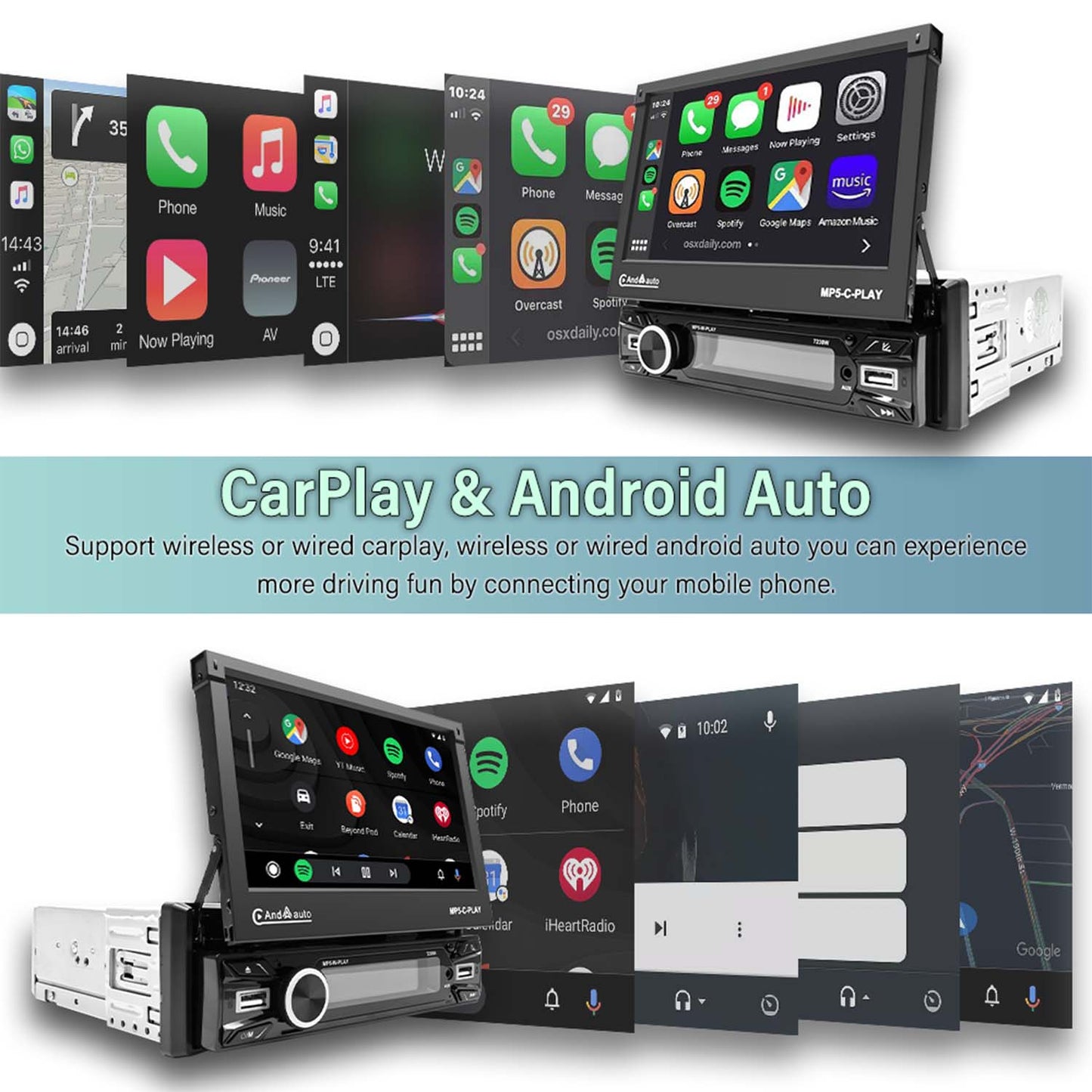 Wireless Carplay and Android Auto 7-inch Single DIN Electric retractable car display  Free shipping