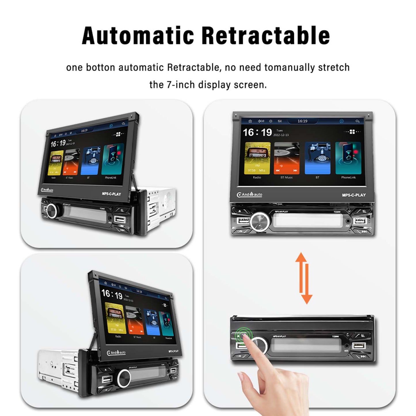 Wireless Carplay and Android Auto 7-inch Single DIN Electric retractable car display  Free shipping