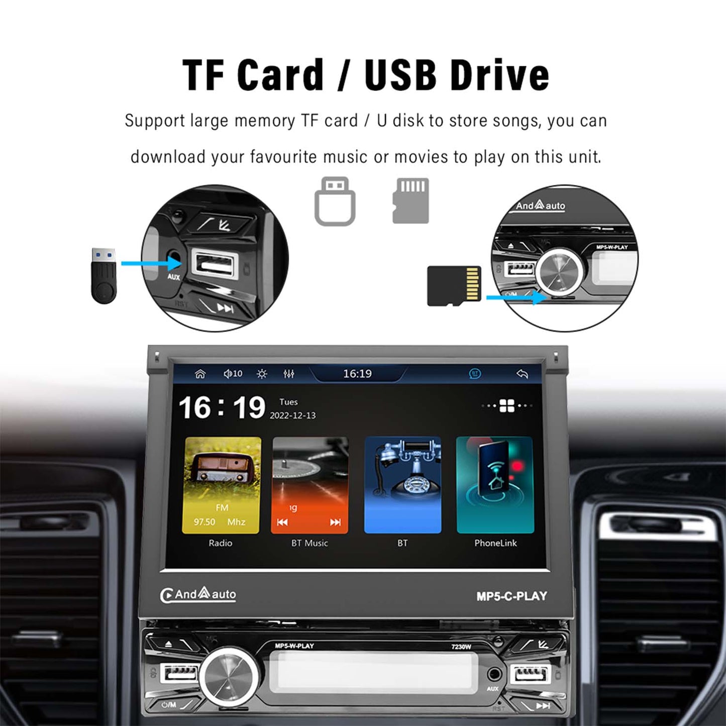 Wireless Carplay and Android Auto 7-inch Single DIN Electric retractable car display  Free shipping